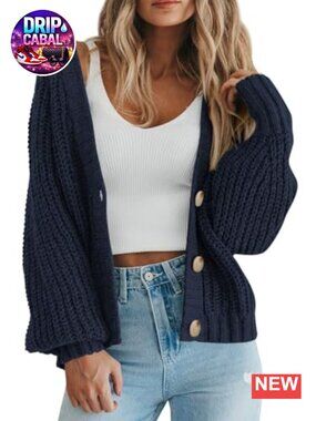 Chunky Knit Cardigan Open Front Long Sleeve V-Neck Loose Oversized Sweater